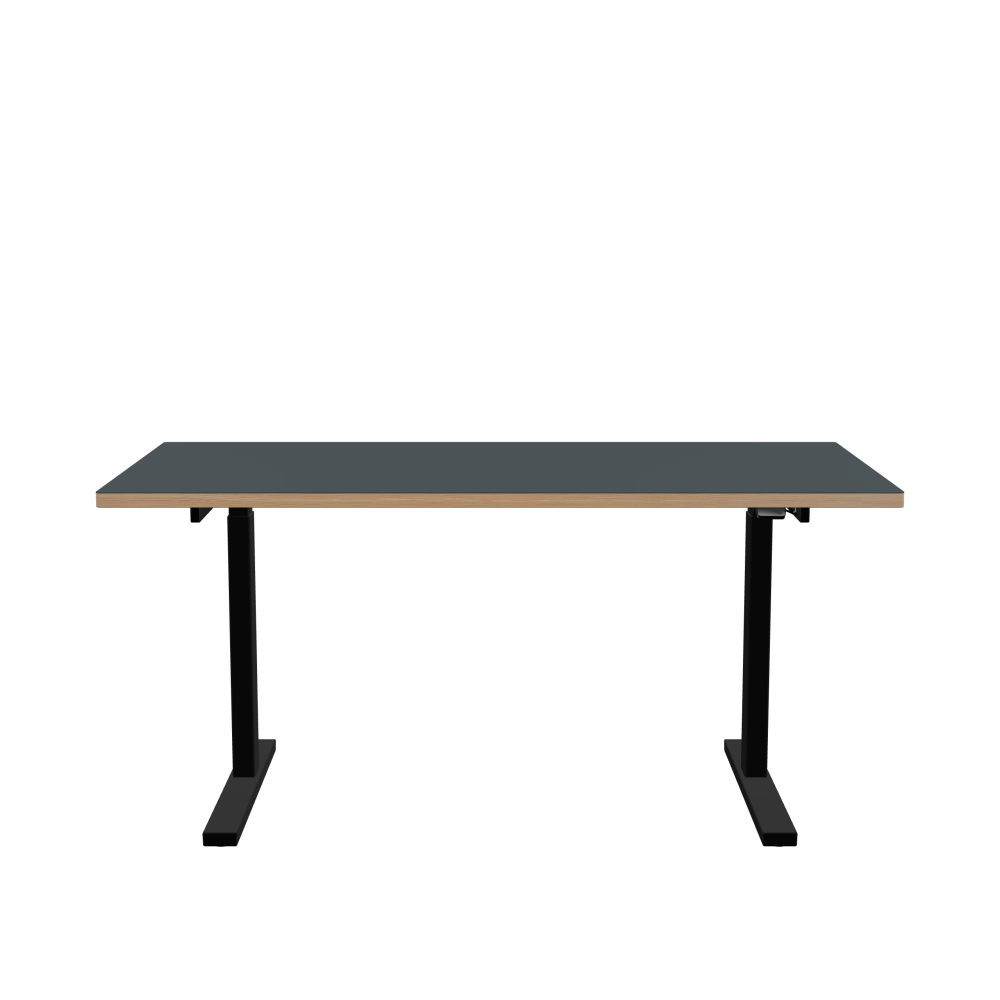 ATS Desk - Shape Square - Length 160.00 cm - Width 80.00 cm - Radius 1.00 cm - Thickness 3 cm - Surface Linoleum, 4155 Pewter - Core Laminboard - Edge Wood, Larch - Profile Edge 90° / ATS Desk Frame - Material and Colour Powder coated, Jet black (RAL 9005) - Size L 126 × W 71 cm - Lifting Columns Rectangle - Control Unit Standard