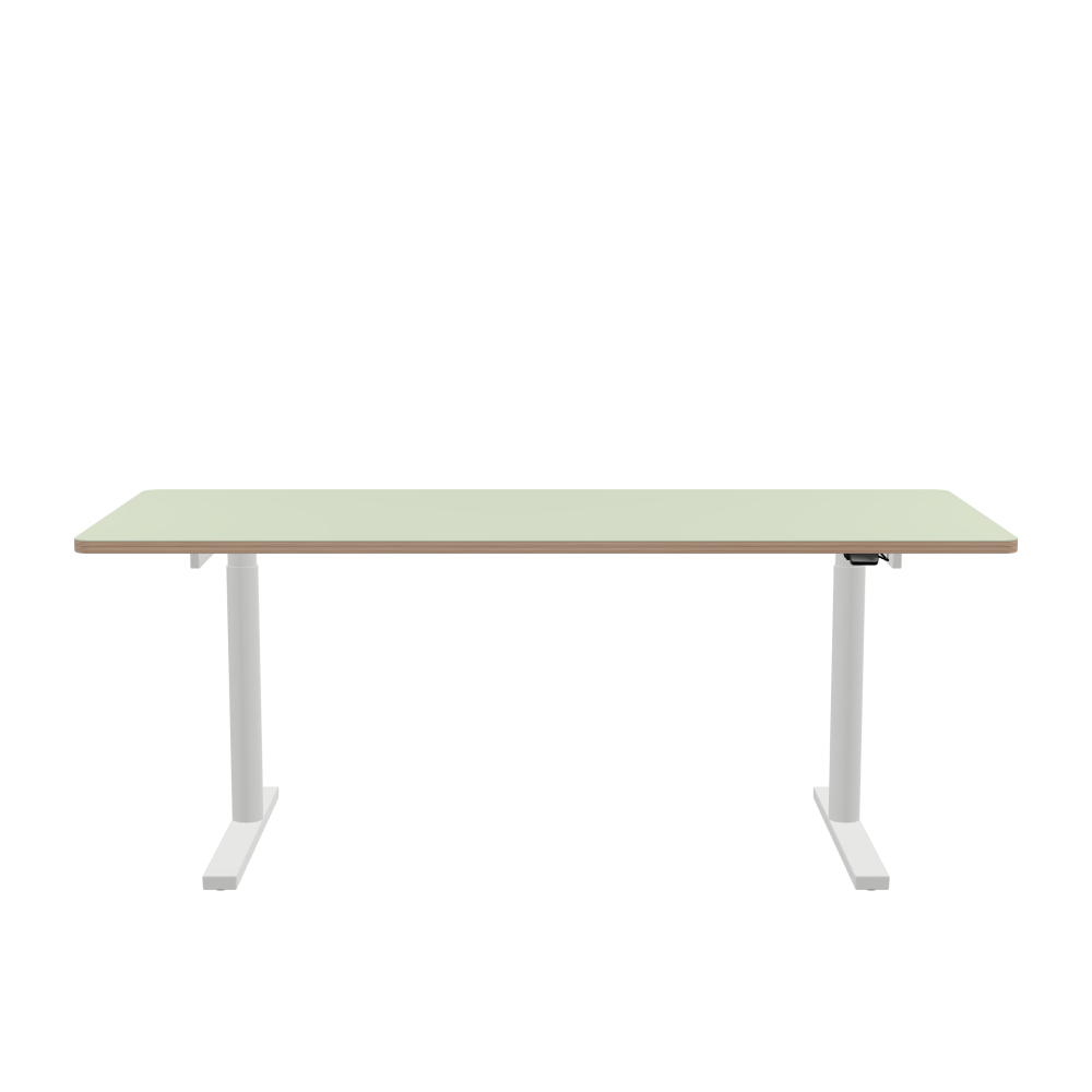 ATS Desk - Shape Square - Length 190.00 cm - Width 80.00 cm - Radius 4.00 cm - Thickness 2.6 cm - Freeform 1.00000000 - Surface Linoleum, 4183 Pistachio - Core Birch Plywood - Profile Edge 90° / ATS Desk Frame - Material and Colour Powder coated, Traffic white (RAL 9016) - Size L 146 × W 71 cm - Lifting Columns Round - Control Unit Standard