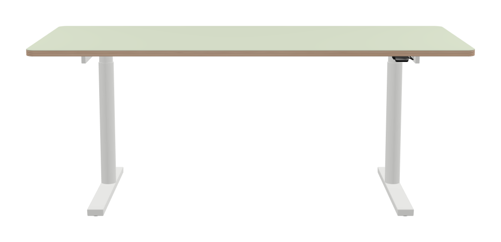 ATS Schreibtisch - Form Eckig - Länge 190,00 cm - Tiefe 80,00 cm - Radius 4,00 cm - Stärke 2,6 cm - Freiformfläche 1.00000000 - Oberseite Linoleum, 4183 Pistachio - Kern Multiplex Birke - Kantenschräge 90° / ATS Schreibtischgestell - Materialien und Farben Pulverbeschichtet, Verkehrsweiß (RAL 9016) - Größe L 146 x B 71 cm - Motorsäule Rund - Bedienelement Standard