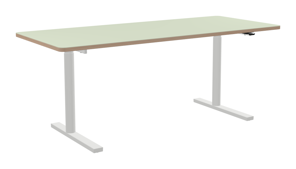 ATS Schreibtisch - Form Eckig - Länge 190,00 cm - Tiefe 80,00 cm - Radius 4,00 cm - Stärke 2,6 cm - Freiformfläche 1.00000000 - Oberseite Linoleum, 4183 Pistachio - Kern Multiplex Birke - Kantenschräge 90° / ATS Schreibtischgestell - Materialien und Farben Pulverbeschichtet, Verkehrsweiß (RAL 9016) - Größe L 146 x B 71 cm - Motorsäule Rund - Bedienelement Standard