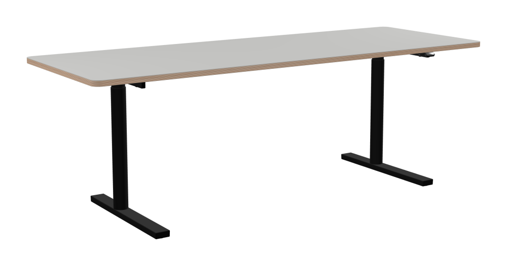 ATS Schreibtisch - Form Eckig - Länge 220,00 cm - Tiefe 80,00 cm - Radius 4,00 cm - Stärke 2,6 cm - Freiformfläche 1.00000000 - Oberseite Linoleum, 4175 Pebble - Kern Multiplex Birke - Kantenschräge 90° / ATS Schreibtischgestell - Materialien und Farben Pulverbeschichtet, Tiefschwarz (RAL 9005) - Größe L 166 x B 71 cm - Motorsäule Rund - Bedienelement Standard
