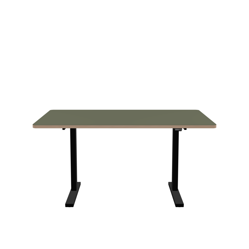 ATS Desk - Shape Square - Length 150.00 cm - Width 100.00 cm - Radius 4.00 cm - Thickness 2.6 cm - Freeform 1.00000000 - Surface Linoleum, 4184 Olive - Core Birch Plywood - Profile Edge 90° / ATS Desk Frame - Material and Colour Powder coated, Jet black (RAL 9005) - Size L 106 × W 71 cm - Lifting Columns Rectangle - Control Unit Standard
