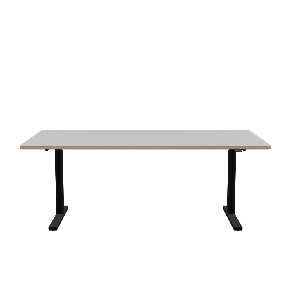 ATS Desk - Shape Square - Length 200.00 cm - Width 100.00 cm - Radius 4.00 cm - Thickness 2.6 cm - Freeform 1.00000000 - Surface Linoleum, 4175 Pebble - Core Birch Plywood - Profile Edge 90° / ATS Desk Frame - Material and Colour Powder coated, Jet black (RAL 9005) - Size L 166 × W 71 cm - Lifting Columns Round - Control Unit Standard