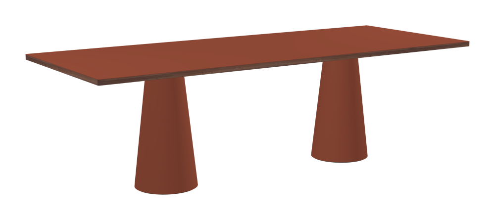 ALT Table - Shape Square - Length 250.00 cm - Width 100.00 cm - Radius 1.00 cm - Thickness 3 cm - Surface Linoleum, 4008 Brick - Core Laminboard - Edge Wood, Walnut - Profile Edge 90° / ALT Table Stand - Surface Linoleum, 4008 Brick - Size S: Ø 36 × H 72 cm
