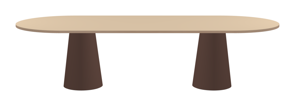 ALT Table - Shape Square - Length 300.00 cm - Width 120.00 cm - Radius 60.00 cm - Thickness 2.6 cm - Freeform 1.00000000 - Surface Linoleum, 4007 Macadamia - Core Birch Plywood - Profile Edge 90° / ALT Table Stand - Surface Linoleum, 4009 Espresso - Size L: Ø 42 × H 72 cm