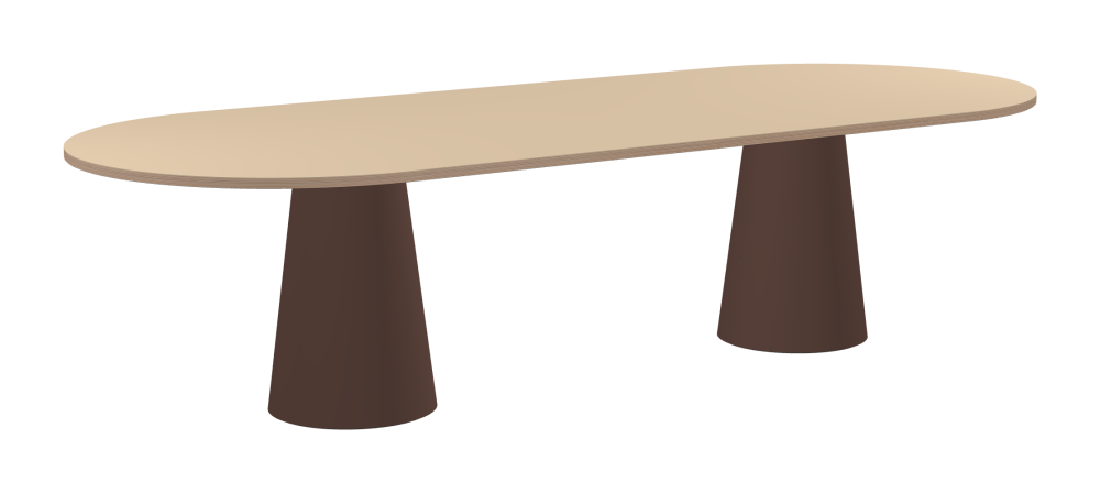 ALT Table - Shape Square - Length 300.00 cm - Width 120.00 cm - Radius 60.00 cm - Thickness 2.6 cm - Freeform 1.00000000 - Surface Linoleum, 4007 Macadamia - Core Birch Plywood - Profile Edge 90° / ALT Table Stand - Surface Linoleum, 4009 Espresso - Size L: Ø 42 × H 72 cm