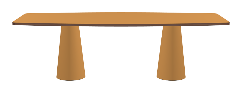ALT Table - Shape Hard Barrel - Length 250.00 cm - Width 100.00 cm - Radius 5.00 cm - Thickness 3 cm - Freeform 1.00000000 - Surface Linoleum, 4002 Leather - Core Laminboard - Edge Wood, Walnut - Profile Edge 90° / ALT Table Stand - Surface Linoleum, 4002 Leather - Size S: Ø 36 × H 72 cm