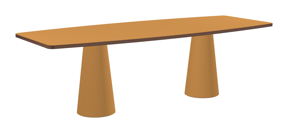 ALT Table - Shape Hard Barrel - Length 250.00 cm - Width 100.00 cm - Radius 5.00 cm - Thickness 3 cm - Freeform 1.00000000 - Surface Linoleum, 4002 Leather - Core Laminboard - Edge Wood, Walnut - Profile Edge 90° / ALT Table Stand - Surface Linoleum, 4002 Leather - Size S: Ø 36 × H 72 cm