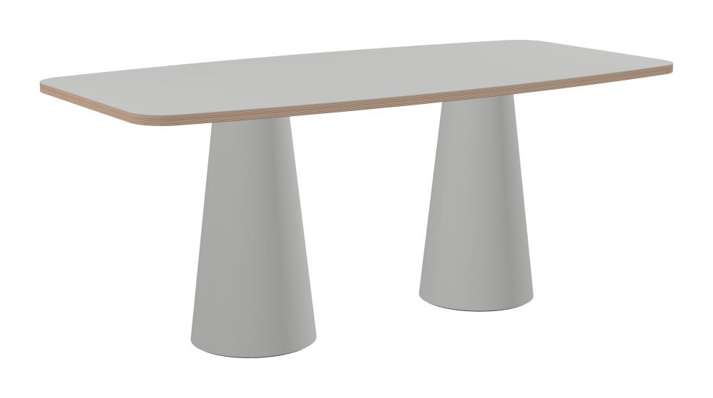 ALT Table - Shape Hard Barrel - Length 180.00 cm - Width 90.00 cm - Radius 10.00 cm - Thickness 2.6 cm - Freeform 1.00000000 - Surface Linoleum, 4175 Pebble - Core Birch Plywood - Profile Edge 90° / ALT Table Stand - Surface Linoleum, 4175 Pebble - Size S: Ø 36 × H 72 cm