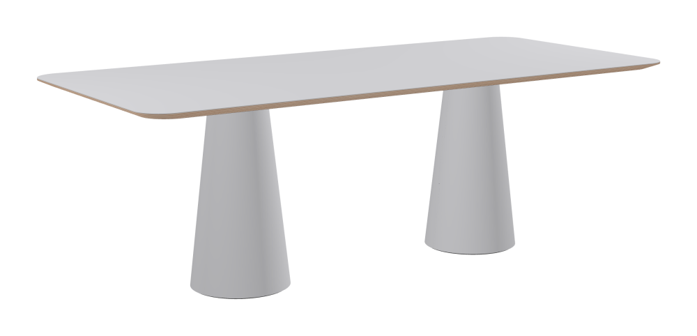 ALT Table - Shape Square - Length 220.00 cm - Width 100.00 cm - Radius 10.00 cm - Thickness 2.6 cm - Freeform 1.00000000 - Surface Linoleum, 4177 Vapour - Core Birch Plywood - Profile Edge 25° / ALT Table Stand - Surface Linoleum, 4177 Vapour - Size S: Ø 36 × H 72 cm