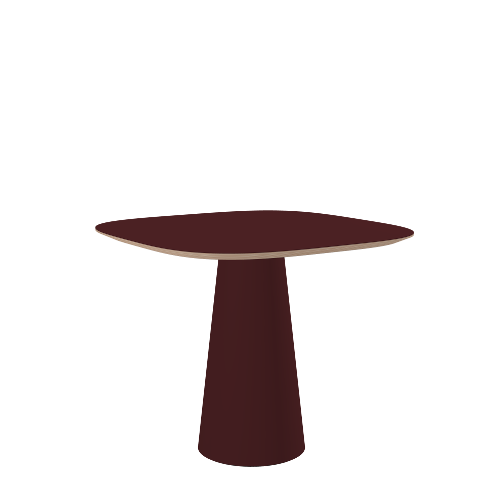 ALT Table - Shape Superellipse - Length 90.00 cm - Width 90.00 cm - Superellipse Exponent 3.50  - Thickness 2.6 cm - Freeform 1.00000000 - Surface Linoleum, 4154 Burgundy - Core Birch Plywood - Profile Edge 25° / ALT Table Stand - Surface Linoleum, 4154 Burgundy - Size S: Ø 36 × H 72 cm