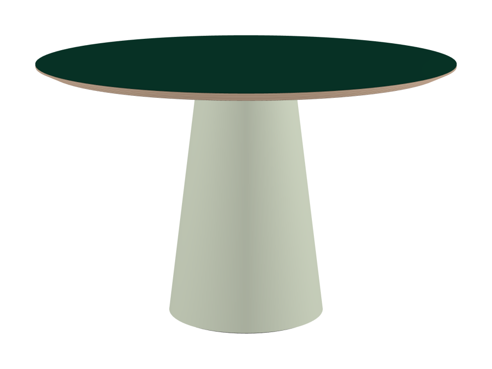 ALT Table - Shape Round - Length 120.00 cm - Width 120.00 cm - Thickness 2.6 cm - Freeform 1.00000000 - Surface Linoleum, 4174 Conifer - Core Birch Plywood - Profile Edge 25° / ALT Table Stand - Surface Linoleum, 4183 Pistachio - Size L: Ø 42 × H 72 cm