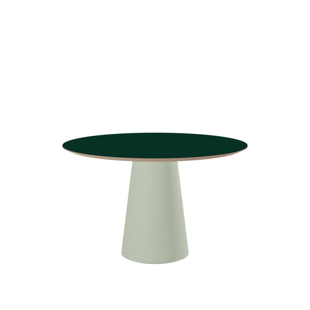 ALT Table - Shape Round - Length 120,00 cm - Width 120,00 cm - Thickness 2.6 cm - Freeform 1.00000000 - Surface Linoleum, 4174 Conifer - Core Birch Plywood - Profile Edge 25° / ALT Table Stand - Surface Linoleum, 4183 Pistachio - Size L: Ø 42 × H 72 cm