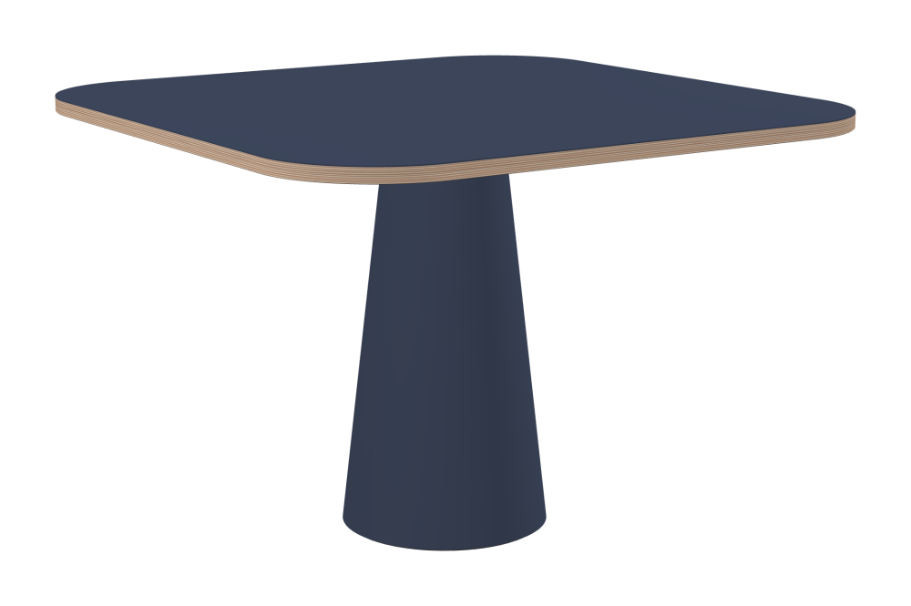 ALT Table - Shape Square - Length 110.00 cm - Width 110.00 cm - Radius 20.00 cm - Thickness 2.6 cm - Freeform 1.00000000 - Surface Linoleum, 4179 Smokey Blue - Core Birch Plywood - Profile Edge 90° / ALT Table Stand - Surface Linoleum, 4179 Smokey Blue - Size S: Ø 36 × H 72 cm