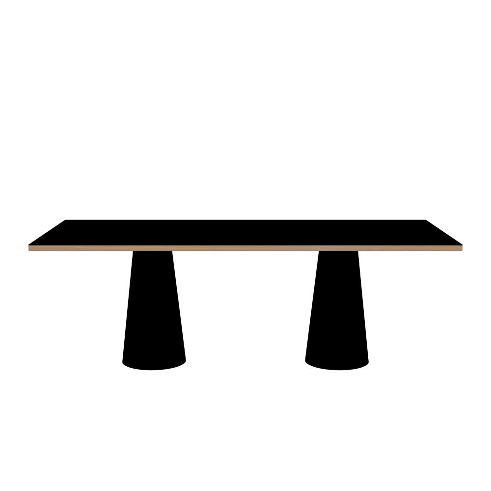 ALT Tisch - Form Eckig - Länge 220,00 cm - Tiefe 100,00 cm - Radius 1,00 cm - Stärke 3 cm - Oberseite Linoleum, 4023 Nero - Kern Stäbchenplatte - Kante Holz, Lärche - Kantenschräge 90° / ALT Tischsäule - Oberseite Linoleum, 4023 Nero - Größe S: Ø 36 × H 72 cm