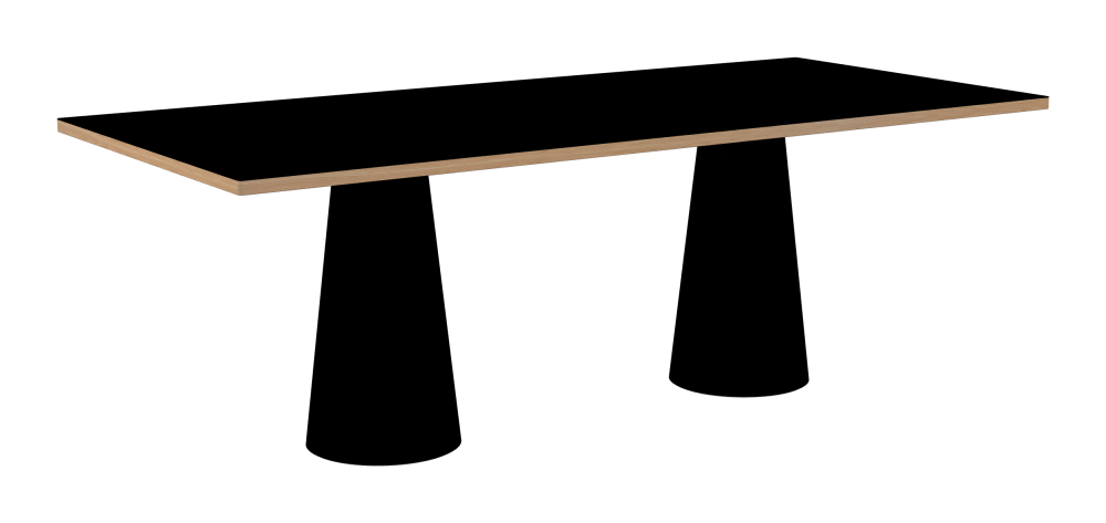 ALT Table - Shape Square - Length 220.00 cm - Width 100.00 cm - Radius 1.00 cm - Thickness 3 cm - Surface Linoleum, 4023 Nero - Core Laminboard - Edge Wood, Larch - Profile Edge 90° / ALT Table Stand - Surface Linoleum, 4023 Nero - Size S: Ø 36 × H 72 cm