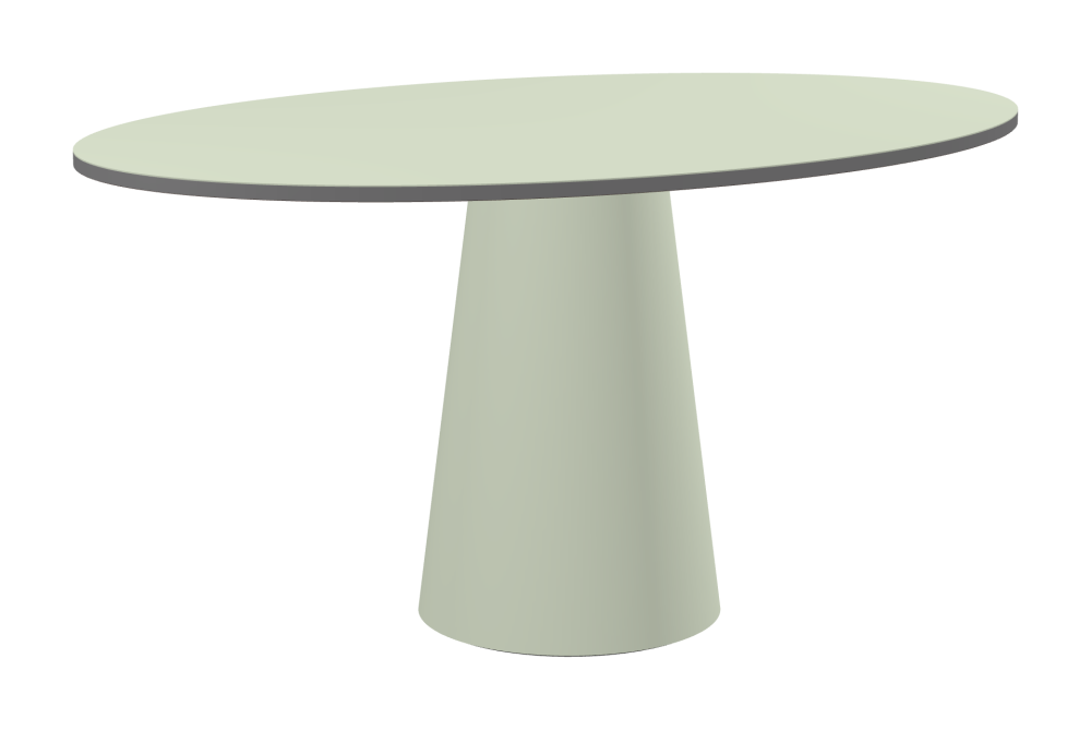 ALT Table - Shape Superellipse - Length 150.00 cm - Width 100.00 cm - Superellipse Exponent 2.00  - Thickness 2.1 cm - Freeform 1.00000000 - Surface Linoleum, 4183 Pistachio - Core MDF - Edge MDF, Grey - Profile Edge 90° / ALT Table Stand - Surface Linoleum, 4183 Pistachio - Size L: Ø 42 × H 72 cm