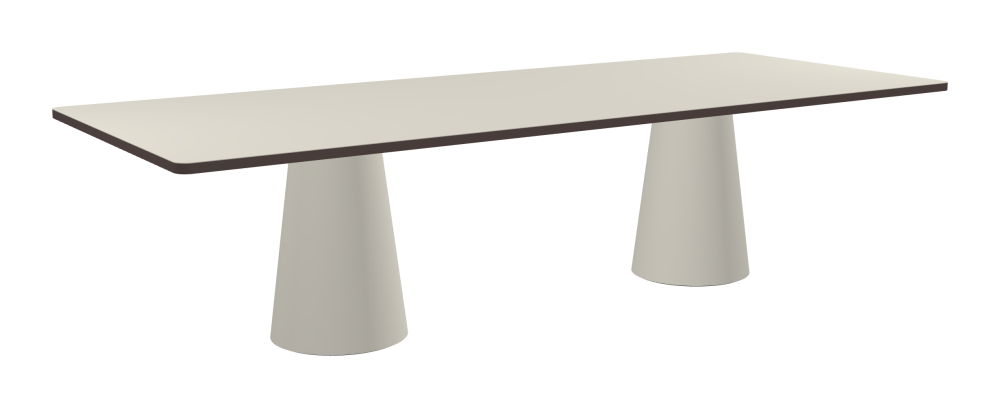 ALT Table - Shape Square - Length 300.00 cm - Width 120.00 cm - Radius 4.00 cm - Thickness 3 cm - Surface Linoleum, 4176 Mushroom - Core Laminboard - Edge Linoleum, 4172 Mauve - Profile Edge 90° / ALT Table Stand - Surface Linoleum, 4176 Mushroom - Size L: Ø 42 × H 72 cm