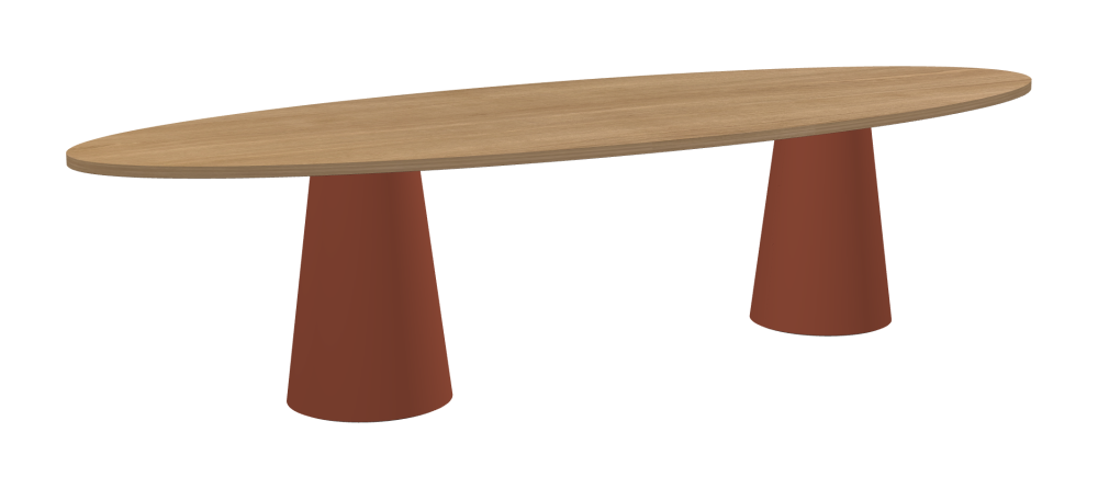 ALT Table - Shape Round - Length 320.00 cm - Width 120.00 cm - Thickness 2.9 cm - Freeform 1.00000000 - Surface Wood Veneer, Oak - Core Laminboard - Edge Wood, Oak - Profile Edge 90° / ALT Table Stand - Surface Linoleum, 4008 Brick - Size L: Ø 42 × H 72 cm