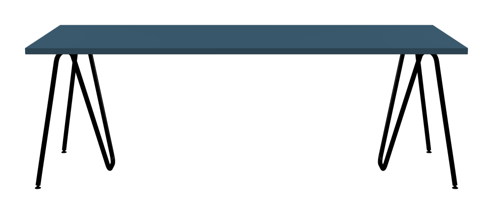 SINUS Table - Shape Square - Length 220,00 cm - Width 90,00 cm - Radius 0,30 cm - Thickness 3 cm - Surface Linoleum, 4005 Denim - Core Laminboard - Edge Linoleum, 4005 Denim - Profile Edge 90° / SINUS Trestles - Material and Colour Steel, Powder-coated, Jet black (RAL 9005) - Size L: L 74 × W 36 × H 72 cm