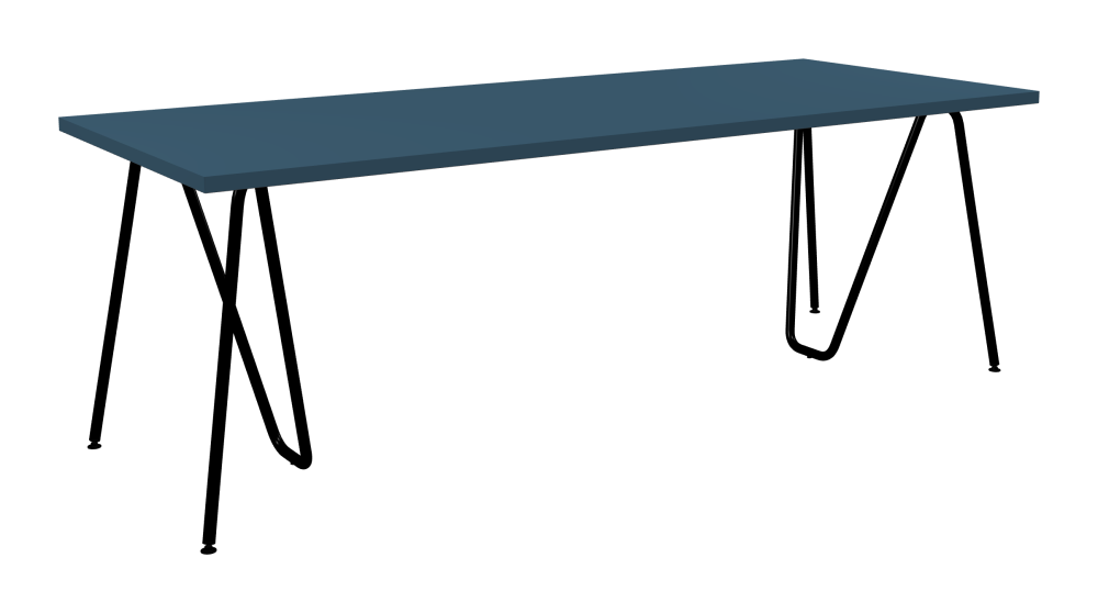 SINUS Table - Shape Square - Length 220,00 cm - Width 90,00 cm - Radius 0,30 cm - Thickness 3 cm - Surface Linoleum, 4005 Denim - Core Laminboard - Edge Linoleum, 4005 Denim - Profile Edge 90° / SINUS Trestles - Material and Colour Steel, Powder-coated, Jet black (RAL 9005) - Size L: L 74 × W 36 × H 72 cm