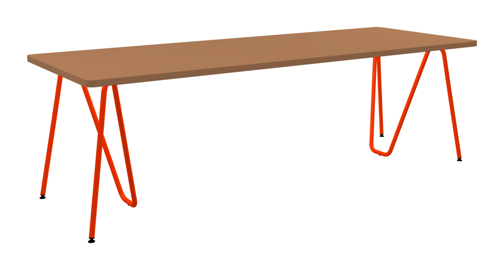 SINUS Table - Shape Square - Length 240,00 cm - Width 90,00 cm - Radius 4,00 cm - Thickness 3 cm - Surface Linoleum, 4003 Walnut - Core Laminboard - Edge Linoleum, 4003 Walnut - Profile Edge 90° / SINUS Trestles - Material and Colour Steel, Powder-coated, Blood orange (RAL 2002) - Size L: L 74 × W 36 × H 72 cm