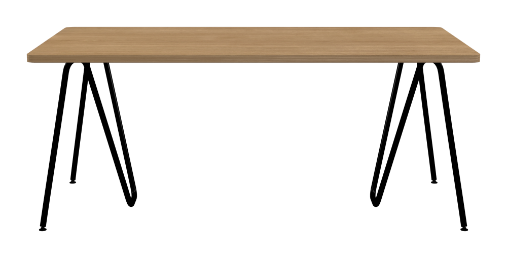 SINUS Table - Shape Square - Length 180,00 cm - Width 90,00 cm - Radius 4,00 cm - Thickness 2.9 cm - Surface Wood Veneer, Oak - Core Laminboard - Edge Wood, Oak - Profile Edge 90° / SINUS Trestles - Material and Colour Steel, Powder-coated, Jet black (RAL 9005) - Size L: L 74 × W 36 × H 72 cm