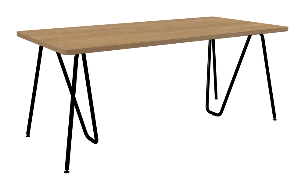 SINUS Table - Shape Square - Length 180,00 cm - Width 90,00 cm - Radius 4,00 cm - Thickness 2.9 cm - Surface Wood Veneer, Oak - Core Laminboard - Edge Wood, Oak - Profile Edge 90° / SINUS Trestles - Material and Colour Steel, Powder-coated, Jet black (RAL 9005) - Size L: L 74 × W 36 × H 72 cm
