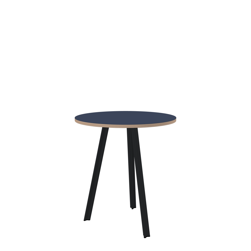 BEAM Table - Shape Round - Length 65.00 cm - Width 65.00 cm - Thickness 2 cm - Freeform 1.00000000 - Surface Linoleum, 4179 Smokey Blue - Core Birch Plywood - Profile Edge 90° / BEAM Table Legs - Material and Colour Aluminium, powder-coated, Black grey (RAL 7021) - Profile strength Small - Height 71 cm - Set 3 Legs