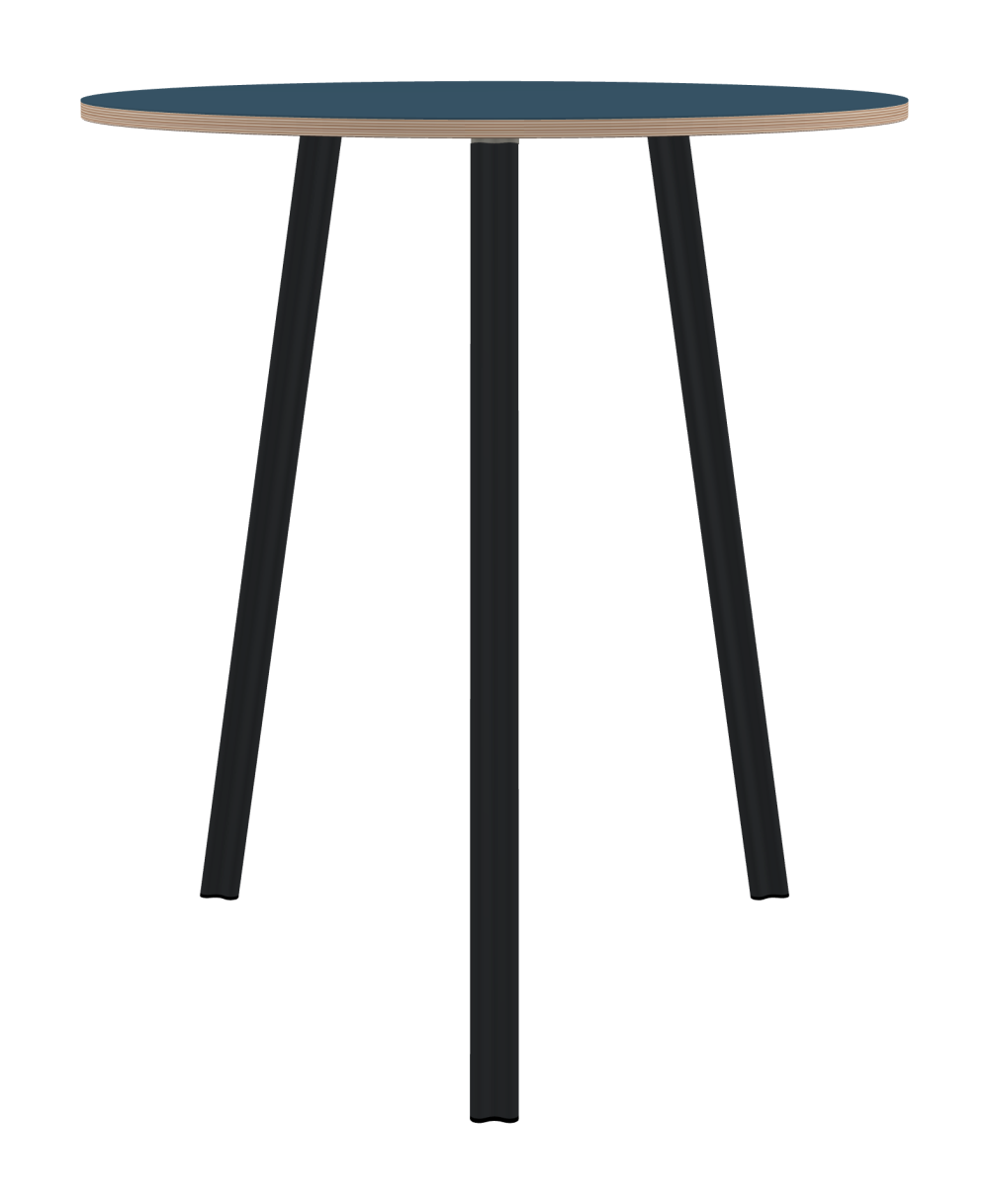 BEAM Tisch - Form Rund - Länge 95,00 cm - Tiefe 95,00 cm - Stärke 2 cm - Freiformfläche 1.00000000 - Oberseite Linoleum, 4005 Denim - Kern Multiplex Birke - Kantenschräge 90° / BEAM Tischbeine - Material und Farbe Aluminium, pulverbeschichtet, Schwarzgrau (RAL 7021) - Profilgröße Normal - Höhe 102 cm - Set 3 Tischbeine