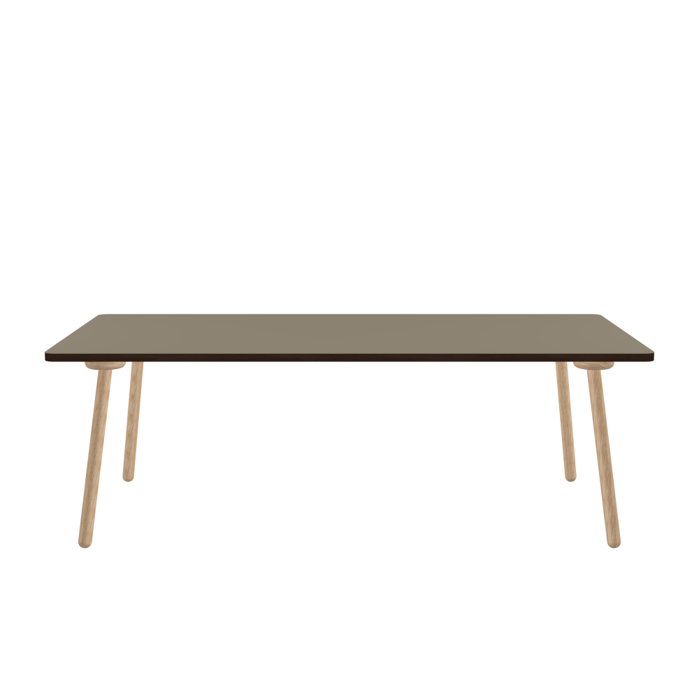 MT2 Tisch - Form Eckig - Länge 220,00 cm - Tiefe 110,00 cm - Radius 4,00 cm - Stärke 3 cm - Oberseite Linoleum, 4011 Taupe - Kern Stäbchenplatte - Kante Holz, Räuchereiche - Kantenschräge 90° / MT2 Tischbeine - Material und Farbe Holz, Eiche, natur, matt geölt - Set 4 Tischbeine