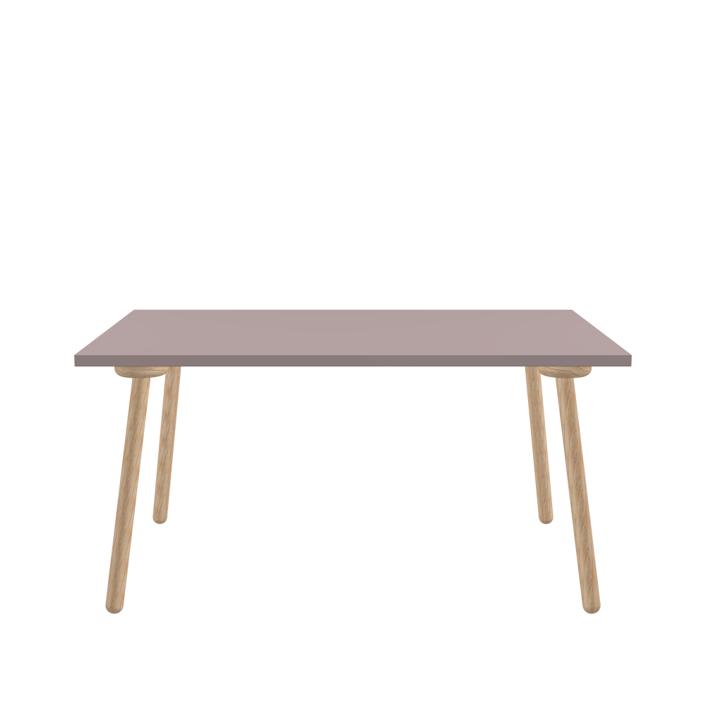 MT2 Tisch - Form Eckig - Länge 150,00 cm - Tiefe 100,00 cm - Radius 0,30 cm - Stärke 3 cm - Oberseite Linoleum, 4010 Soft Lilac - Kern Stäbchenplatte - Kante Linoleum, 4010 Soft Lilac - Kantenschräge 90° / MT2 Tischbeine - Material und Farbe Holz, Eiche, natur, matt geölt - Set 4 Tischbeine