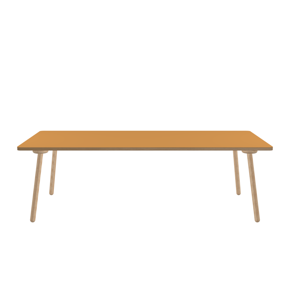 MT2 Tisch - Form Eckig - Länge 240,00 cm - Tiefe 120,00 cm - Radius 4,00 cm - Stärke 3 cm - Oberseite Linoleum, 4002 Leather - Kern Stäbchenplatte - Kante Holz, Eiche - Kantenschräge 90° / MT2 Tischbeine - Material und Farbe Holz, Eiche, natur, matt geölt - Set 4 Tischbeine