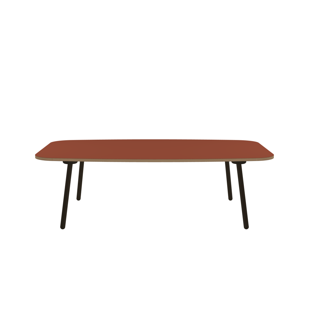 MT2 Tisch - Form Tonnenform eckig - Länge 245,00 cm - Tiefe 150,00 cm - Radius 25,00 cm - Stärke 3 cm - Freiformfläche 1.00000000 - Oberseite Linoleum, 4008 Brick - Kern Stäbchenplatte - Kante Holz, Eiche - Kantenschräge 90° / MT2 Tischbeine - Material und Farbe Holz, Eiche, schwarz gebeizt, matt geölt - Set 4 Tischbeine