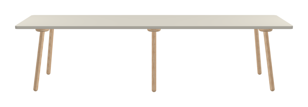 MT2 Table - Shape Square - Length 300.00 cm - Width 90.00 cm - Radius 4.00 cm - Thickness 3 cm - Surface Linoleum, 4176 Mushroom - Core Laminboard - Edge Linoleum, 4176 Mushroom - Profile Edge 90° / MT2 Table Legs - Material and Colour Wood, Oak, natural, matt oiled - Set 6 Legs