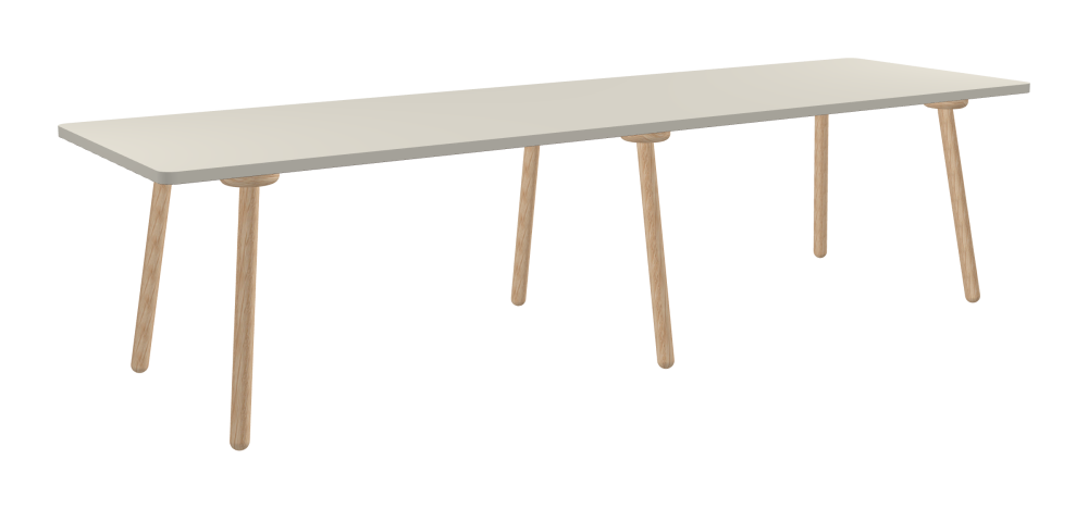 MT2 Table - Shape Square - Length 300.00 cm - Width 90.00 cm - Radius 4.00 cm - Thickness 3 cm - Surface Linoleum, 4176 Mushroom - Core Laminboard - Edge Linoleum, 4176 Mushroom - Profile Edge 90° / MT2 Table Legs - Material and Colour Wood, Oak, natural, matt oiled - Set 6 Legs