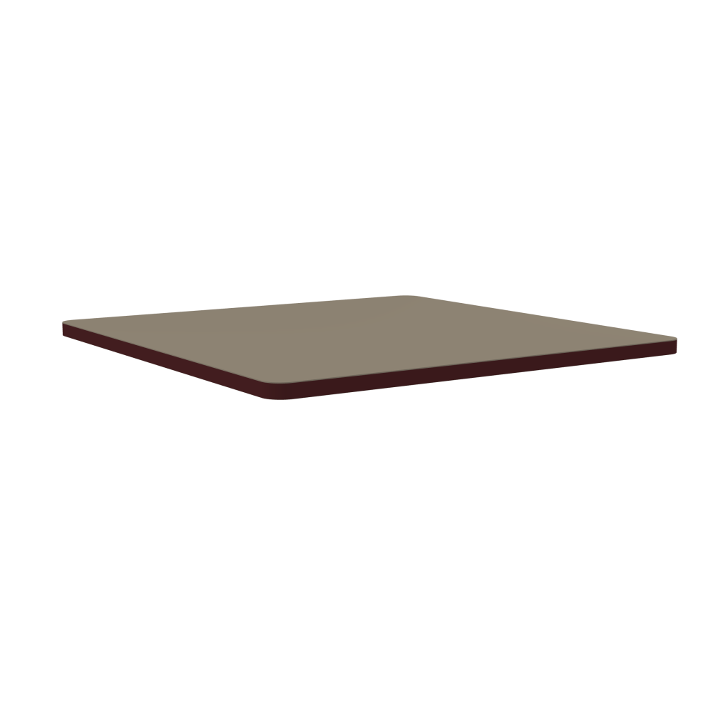 Table Top - Shape Square - Length 100.00 cm - Width 100.00 cm - Radius 4.00 cm - Thickness 3 cm - Surface Linoleum, 4011 Taupe - Core Laminboard - Edge Linoleum, 4154 Burgundy - Profile Edge 90°