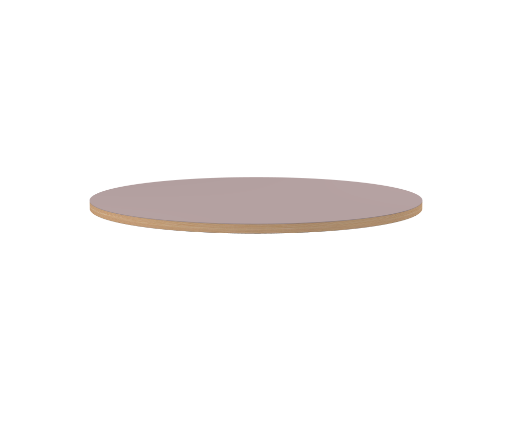 Table Top - Shape Round - Length 120.00 cm - Width 120.00 cm - Thickness 3 cm - Freeform 1.00000000 - Surface Linoleum, 4010 Soft Lilac - Core Laminboard - Edge Wood, Larch - Profile Edge 90°
