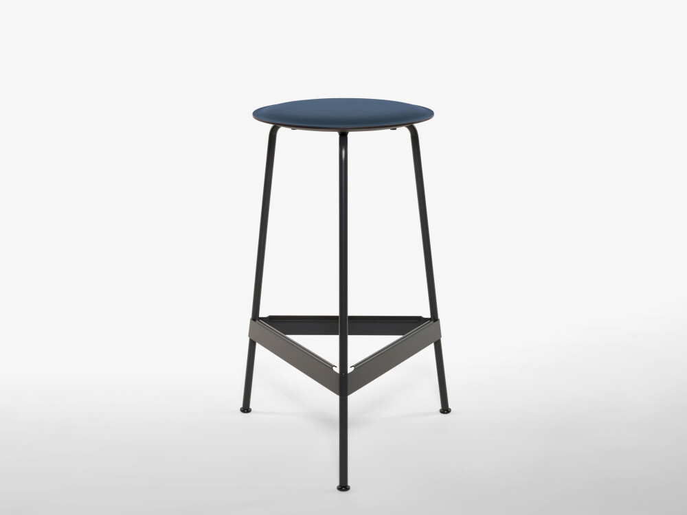 RAVIOLI bar stool with linoleum seat in smokey blue and black steel frame, photographed against a neutral background in the studio.