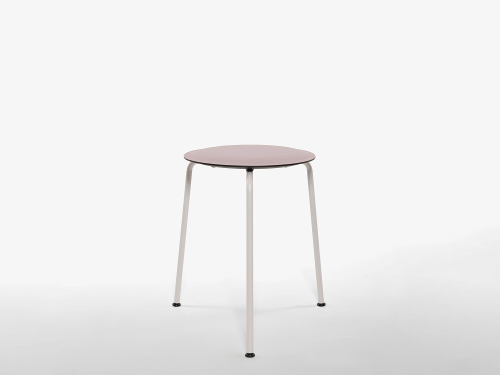 RAVIOLI stool with linoleum seat in soft lilac and white steel frame in a studio setting.