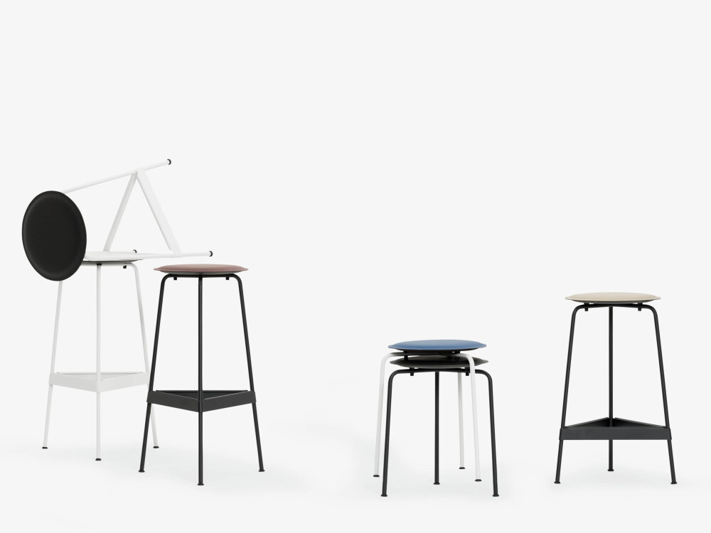 RAVIOLI stools and bar stools with linoleum seats in various colours and frames against a white background.