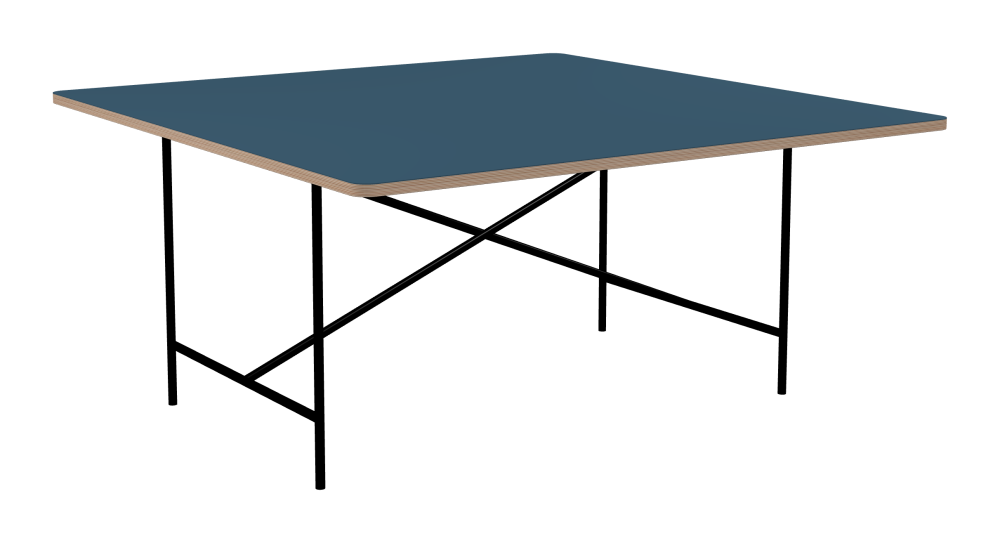 E2 Table - Shape Square - Length 160.00 cm - Width 160.00 cm - Radius 4.00 cm - Thickness 2.6 cm - Freeform 1.00000000 - Surface Linoleum, 4005 Denim - Core Birch Plywood - Profile Edge 90° / E2 Table Frame - Material and Colour Steel, Jet black (RAL 9005) - Cross bar Centered - Length 135 cm - Width 78 cm - Height 72 cm