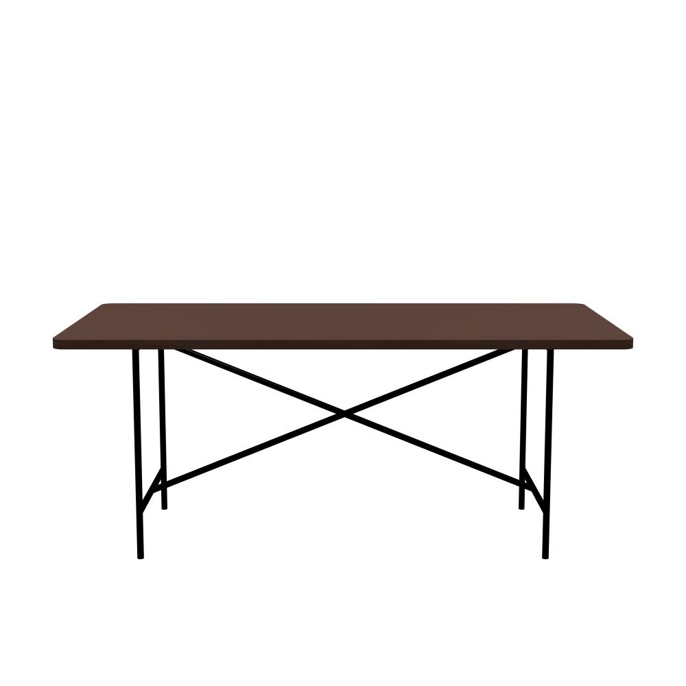 E2 Table - Shape Square - Length 180.00 cm - Width 90.00 cm - Radius 4.00 cm - Thickness 3 cm - Surface Linoleum, 4009 Espresso - Core Laminboard - Edge Wood, Fumed Oak - Profile Edge 90° / E2 Table Frame - Material and Colour Steel, Jet black (RAL 9005) - Cross bar Centered - Length 135 cm - Width 60 cm - Height 72 cm